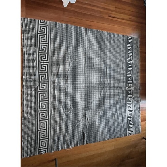 VTG Gingham Pattern Greek Key Trim Wool Blanket Black & White Size 66x76 - Picture 4 of 5